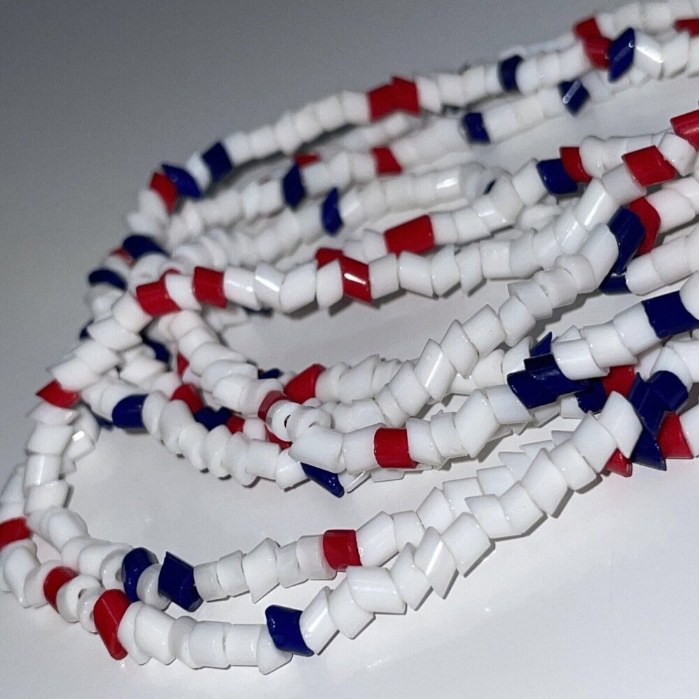 Vintage Red White & Blue Beaded Necklace 6 Strand 25” Long Statement Patriotic - Picture 9 of 10